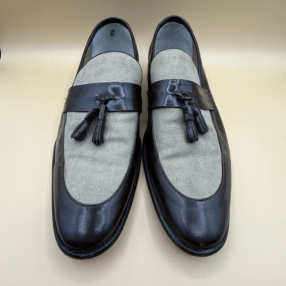 Giorgio Brutini Mens 10.5 Tassel Loafers Brown Leather Canvas Two Tone Resort